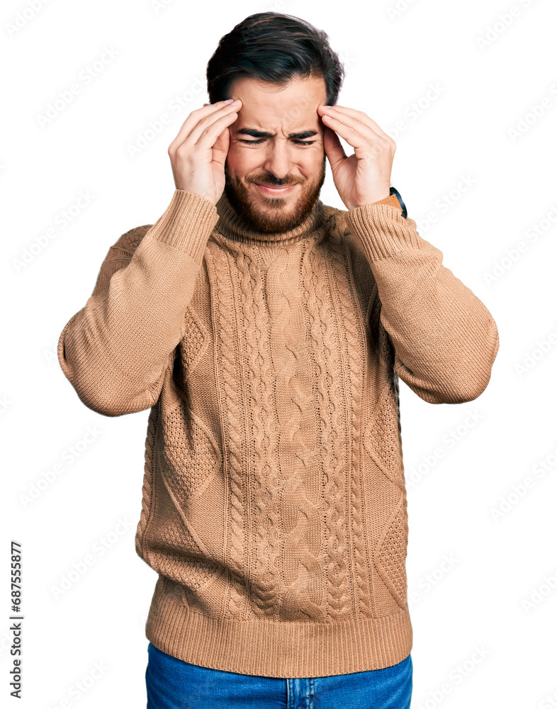 Young hispanic man wearing casual clothes with hand on head, headache because stress. suffering migraine. Young hispanic man wearing casual clothes with hand on head, headache because stress. suffering migraine.
