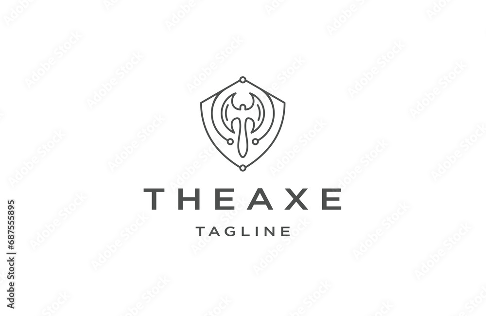 Axe shield with line art style logo design template