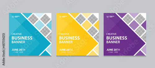 Set of Editable square business web banner design template. Suitable for social media post, instagram story and web ads. Vector illustration with Space to add pictures.