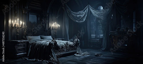 Haunted rococo style bedroom with moody lighting banner 