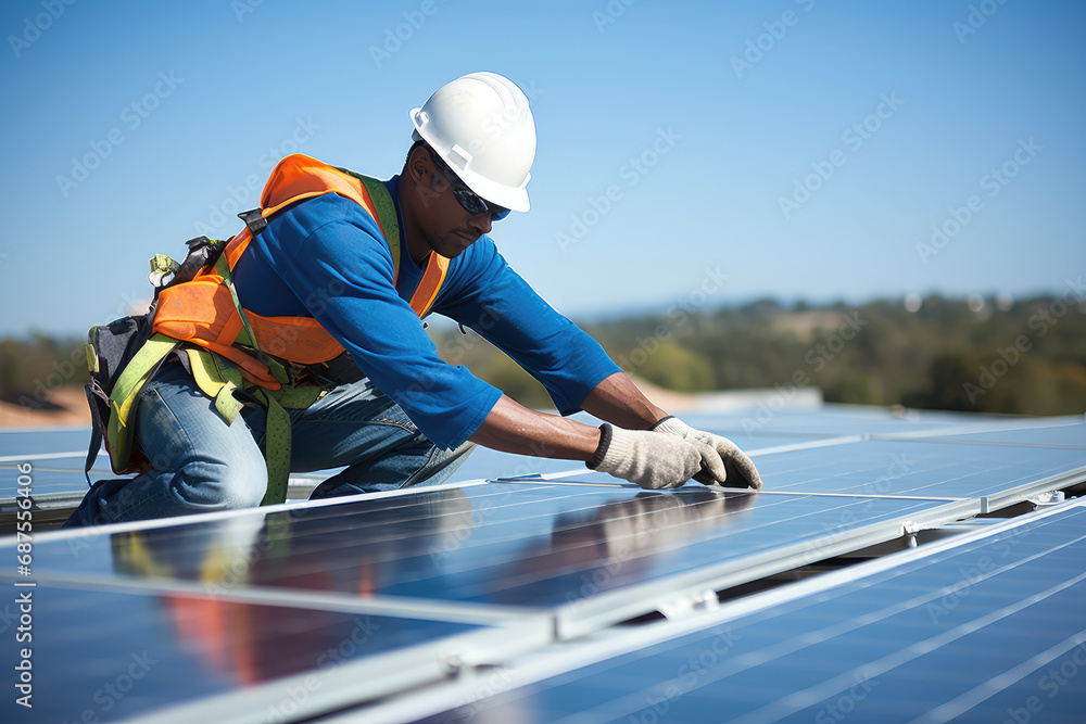A worker is installing and inspecting solar panels A worker is installing and inspecting solar panels