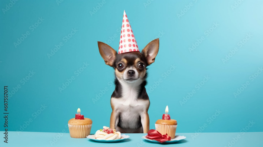 copy space, stockphoto, cute dog wearing a birthday hat, sitting next to a birthday cake. Beautiful template design for birtday card, birthday invitation, greeting card. Cute sweet dog with birthday h