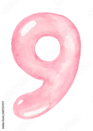 Pink balloon number nine for baby girl celebration party, nursery or milestones. Hand-drawn watercolor illustration. photo