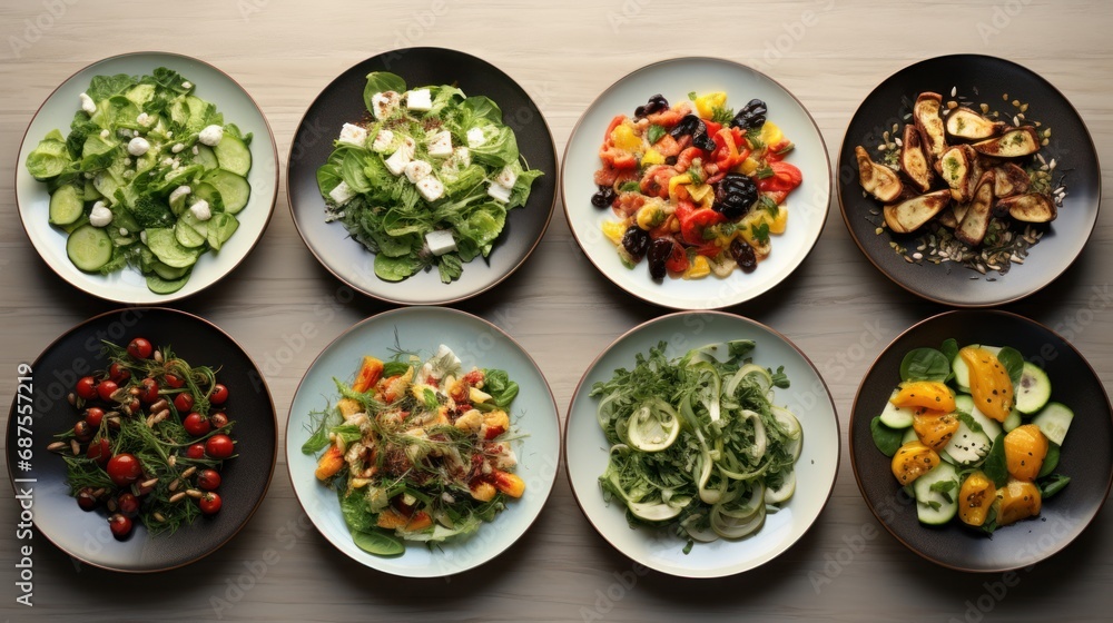 Top view of plates showcasing a vegetarian feast - salad, meal, fresh, healthy, homemade, organic, vegan, and full of vibrant vegetables. Top view of plates showcasing a vegetarian feast - salad, meal, fresh, healthy, homemade, organic, vegan, and full of vibrant vegetables.