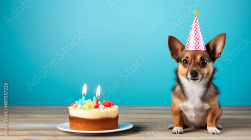 copy space, stockphoto, cute dog wearing a birthday hat, sitting next to a birthday cake. Beautiful template design for birtday card, birthday invitation, greeting card. Cute sweet dog with birthday h