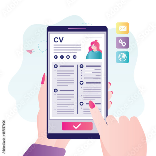 CV fulfilling and sending online using mobile app. Woman hand holding smartphone with complete resume for reviewing and sending to the employer or HR agency.