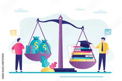 Difficult decision, student chooses between loan and education. Graduation cap, textbooks, diploma and money on scales. Investment in future. student loan,