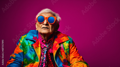 Male model wears glasses and wears colorful clothing. Take photos in the studio highlight your bright stylish look. bright clear color combination The clothes you choose to wear will enhance your look