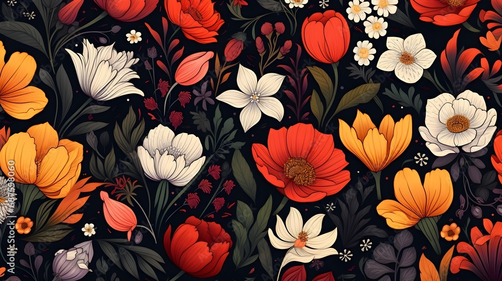 A seamless floral pattern featuring hand-drawn flowers and leaves,