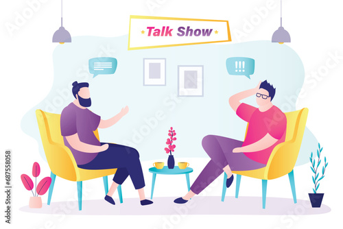 Male host asks famous celebrity on TV show. Popular man-star gives interview to television presenter in broadcast studio. Internet interview, online channel concept.