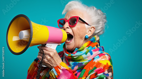 The image of an old person holding a megaphone may show the courage and strength of life to still have an influence on things that happen in society. The participation and communication of the elderly