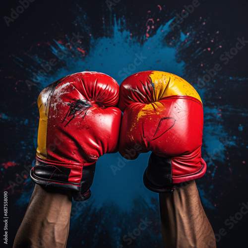 Hands in boxing bags are an image that conveys strength and preparation for fighting. These images symbolize defiance and readiness to fight against anything. It is a sign stability and strong support © peerapong