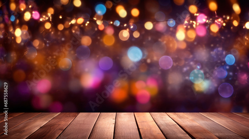 Beautiful blurred festive background with floor of dark brown wooden planks and with glowing garlands and bokeh effect. Winter seasonal decor  creating atmosphere of magical holiday. Copy space.