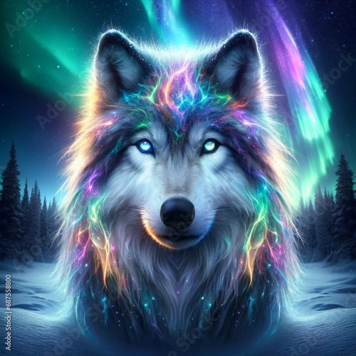 A stunning image of a wolf with an ethereal and mystical appearance. The wolf's fur is adorned with a spectrum of luminous colors, resembling the nort photo