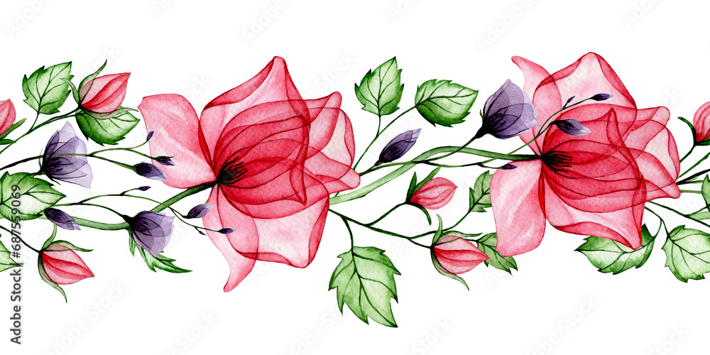 watercolor seamless border, frame with transparent flowers. pink and purple rose flowers, x-ray.