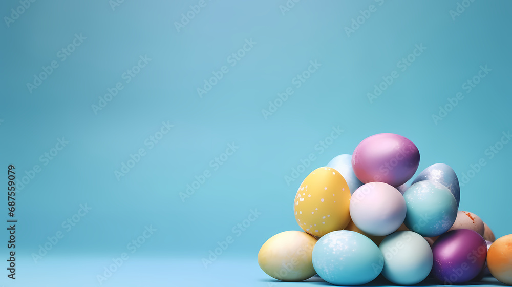 A pile of colorful easter eggs on a blue background