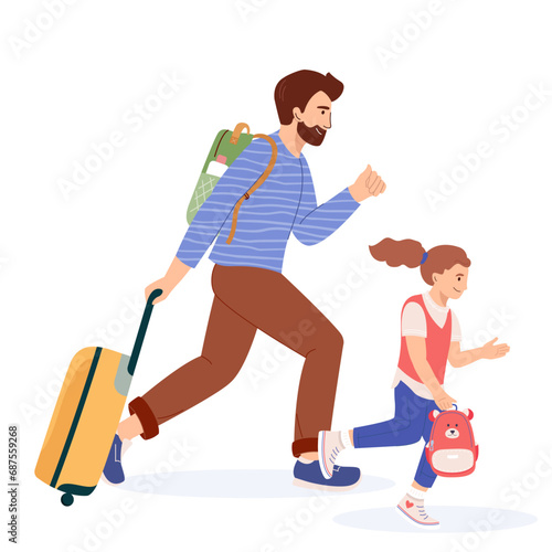 Father with child with suitcase and passport in a hurry trying to get his flight or train. Worried man and girl run with baggage to gates upset with missed flight. Vector characters flat style