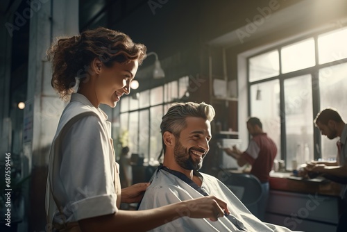 Barbershop hairdresser and client haircut stylish people are positive