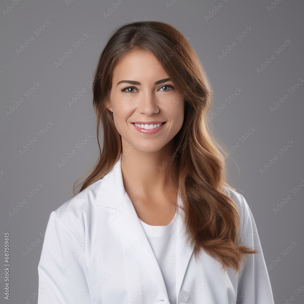 professinal portrait of a female doctor in her 30s with straight hair wearing a lab coat with a moderate smile on a plain gray background professinal portrait of a female doctor in her 30s with straight hair wearing a lab coat with a moderate smile on a plain gray background