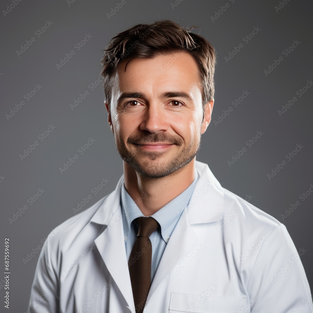 professinal portrait of a male doctor in his 30s with brown hair wearing a lab coat with a moderate smile on a plain gray background professinal portrait of a male doctor in his 30s with brown hair wearing a lab coat with a moderate smile on a plain gray background