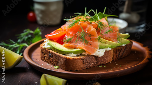 Toast with salmon, avocado, tomato and cream cheese, on a dark background. Tasty breakfast
