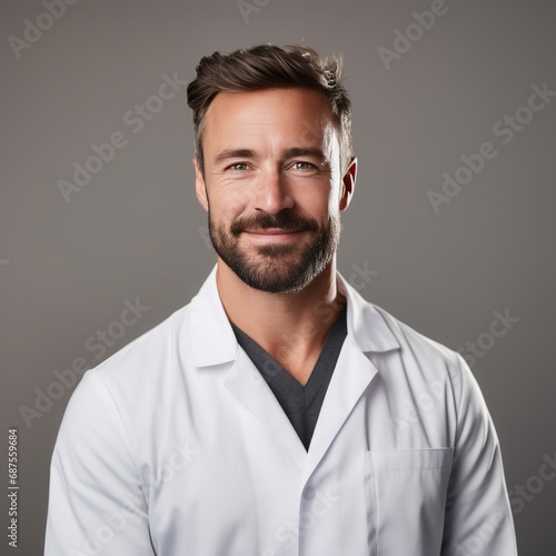 professinal portrait of a male doctor in his 30s with brown hair wearing a lab coat with a moderate smile on a plain gray background