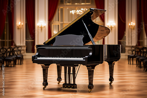 Black grand piano in a large hall photo