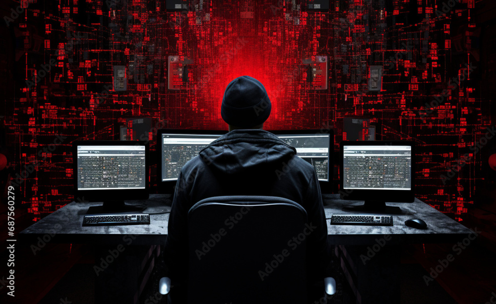 black silhouette of man sitting in front of monitors,against background of distorted double code in red with pixel effect, symbolizing idea of cybercriminals and hackers,digital illustration