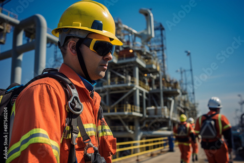 a close-up portrait of a worker in overalls working on an oil and gas production platform,the concept of the oil and gas industry,economics,energy trade,ecology and sustainability