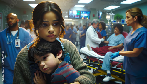 A Hispanic mother holds her sick child in search of a doctor inside an overcrowded and busy emergency room at a hospital
