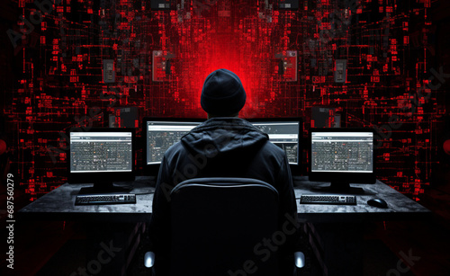 black silhouette of man sitting in front of monitors,against background of distorted double code in red with pixel effect, symbolizing idea of cybercriminals and hackers,digital illustration photo