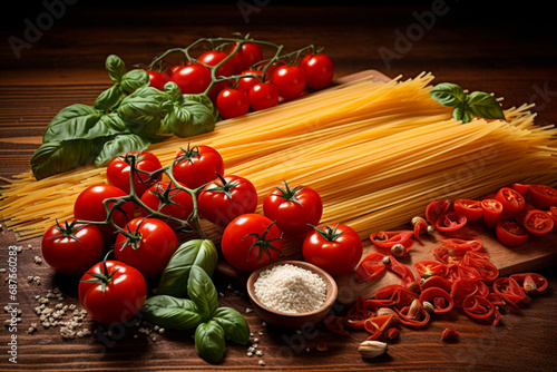 spaghetti lying on a dark table, next to tomatoes, basil and seasonings, a banner concept for gastronomy and cooking,