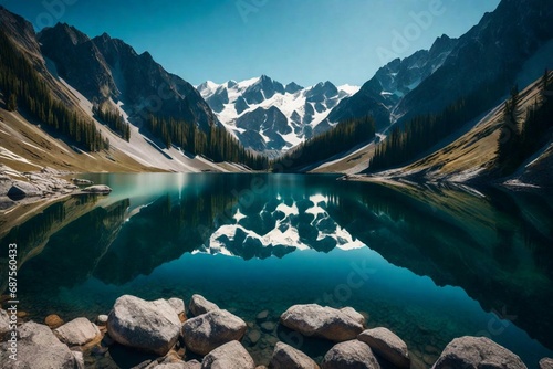 Reflections of mountains mirrored in a crystal-clear alpine lake, doubling the beauty of the landscape.   © IBRAHEEM'S AI