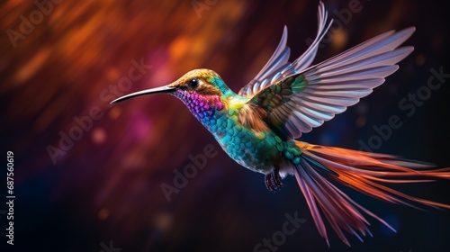 A vibrant and charming hummingbird in mid-flight, its iridescent feathers catching the light. © Khan
