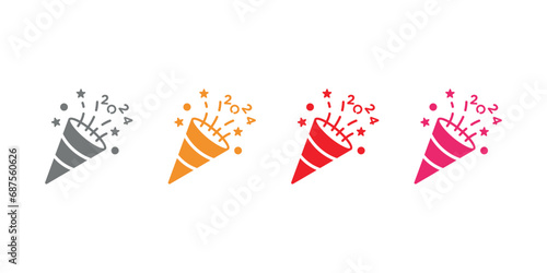 Party popper and new year emoji icon, with ribbon and confetti. Congratulate and celebrate template. Confetti Logo. Set of party poppers and new year 2024 vector. Exploding and festive cracker icon.