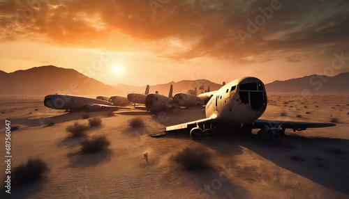 Carcasses d'avions abandonnées dans le désert au coucher du soleil