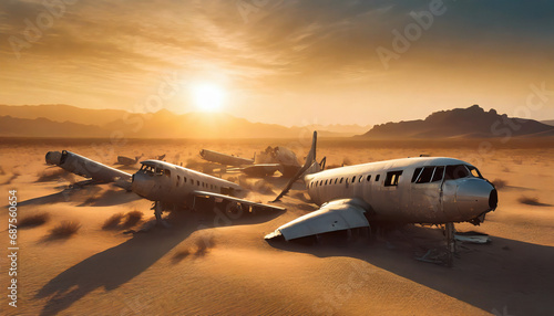Carcasses d'avions abandonnées dans le désert au coucher du soleil photo