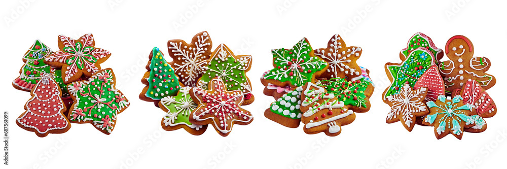  Set of gingerbread colorful Christmas cookies, isolated over on white background
