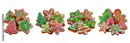  Set of gingerbread colorful Christmas cookies, isolated over on white background