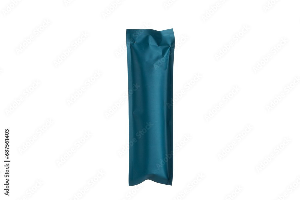 Blue blank packaging plastic sachet isolated on white background.