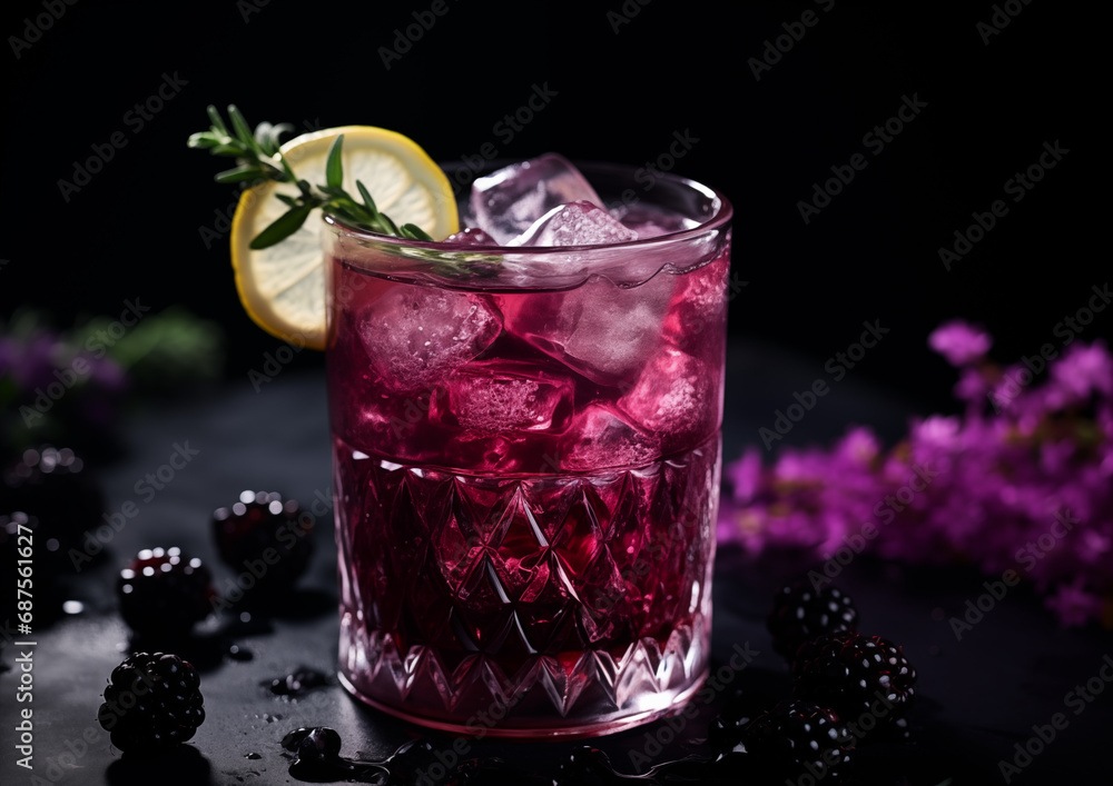 A Blackberry Thyme Soda, its deep purple hue creating a dramatic contrast on the black stone, embodying elegance and vitality. A Blackberry Thyme Soda, its deep purple hue creating a dramatic contrast on the black stone, embodying elegance and vitality.