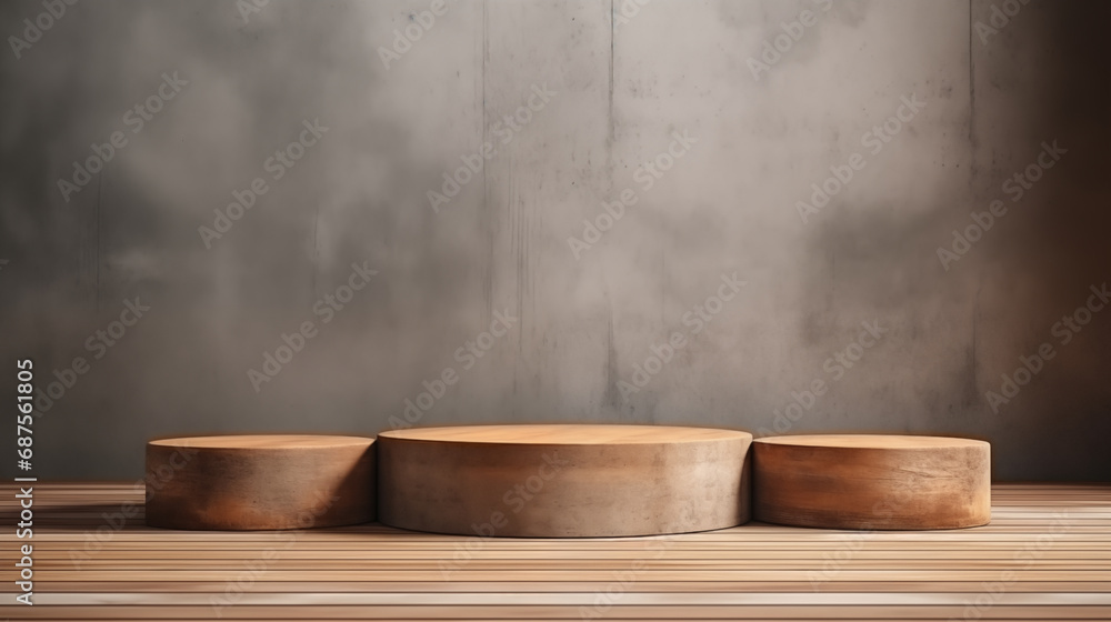 product display wood podium, podium with Cement wall Studio grey background, stand to show cosmetic products. Minimal scene for product display presentation. product display wood podium, podium with Cement wall Studio grey background, stand to show cosmetic products. Minimal scene for product display presentation.
