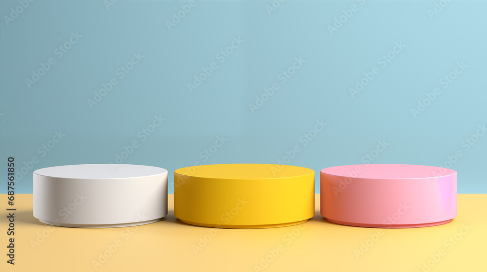 product display podium, Set of yellow, white, pink realistic 3d floating cylinder, stand to show cosmetic products. Minimal scene for product display presentation. stage showcase on pedestal display product display podium, Set of yellow, white, pink realistic 3d floating cylinder, stand to show cosmetic products. Minimal scene for product display presentation. stage showcase on pedestal display