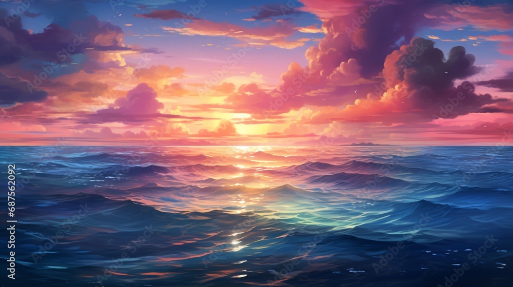 A vibrant pink and deep blue ocean sunset, with the colors reflecting off the water's surface, casting a dreamy and picturesque atmosphere.