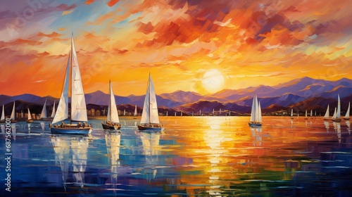 a vibrant harbor at sunset, with a variety of sailboats and yachts anchored in the calm waters, their colorful sails catching the warm, golden rays.