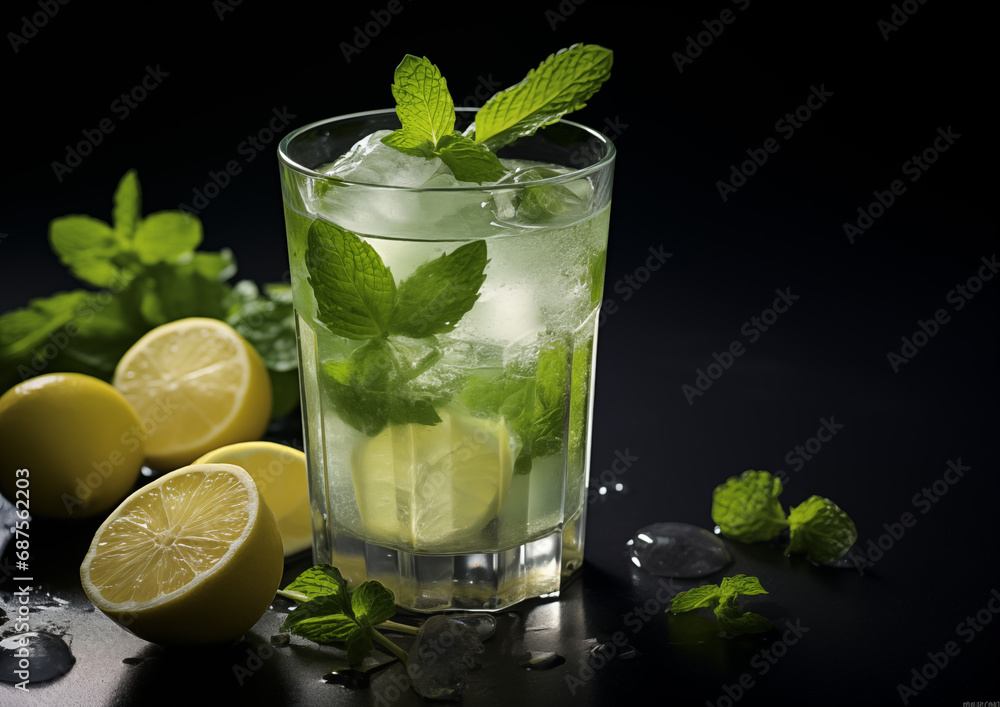 A Citrus Mint Cooler, a blend of bright citrus and cool mint, perfectly positioned on a dark reflective surface. A Citrus Mint Cooler, a blend of bright citrus and cool mint, perfectly positioned on a dark reflective surface.