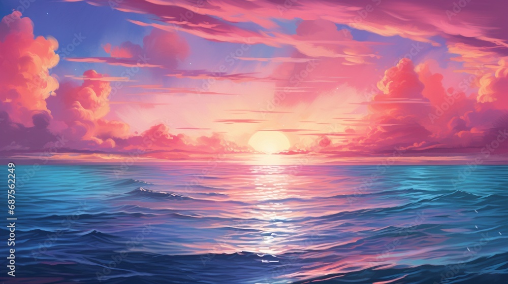A vibrant pink and deep blue tropical sunset over the ocean, with the sky reflecting a mesmerizing palette of warm and cool tones.