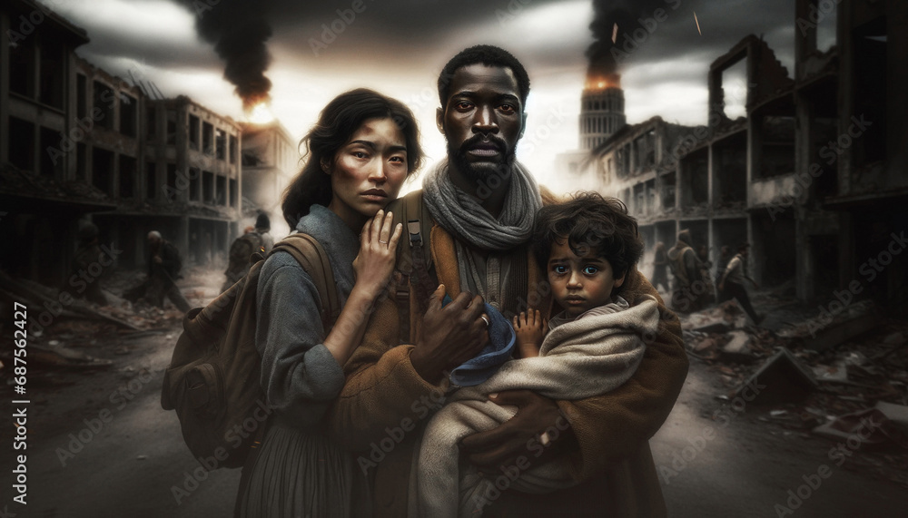 Multicultural family as they escape the ruins of a city devastated by war