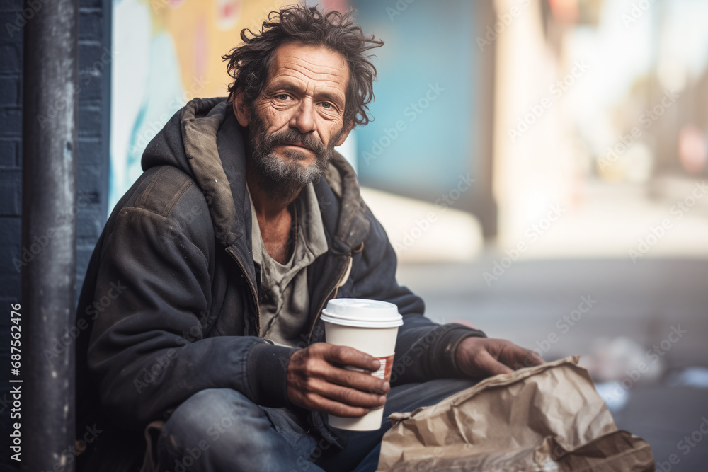 Homeless Man in Dirty Clothes with Sorrowful Eyes Holding Coffee Cup Homeless Man in Dirty Clothes with Sorrowful Eyes Holding Coffee Cup