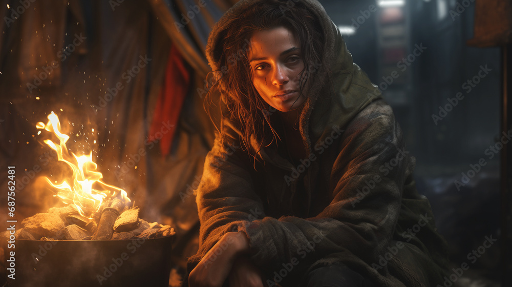 Young, sad homeless woman seated next to a barrel with fire, seeking warmth in the cold
